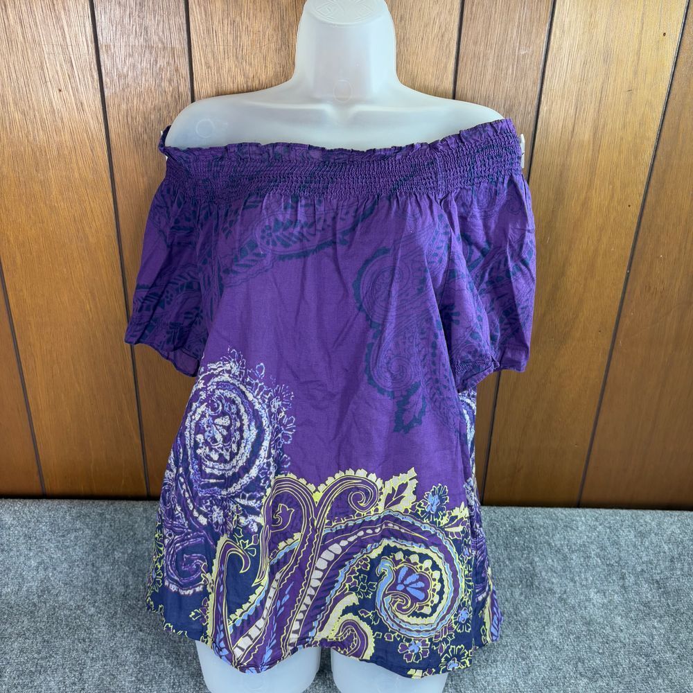 Mossimo Top Womens Large Purple Paisley Off Shoulder Smocked Boho Festival Fairy